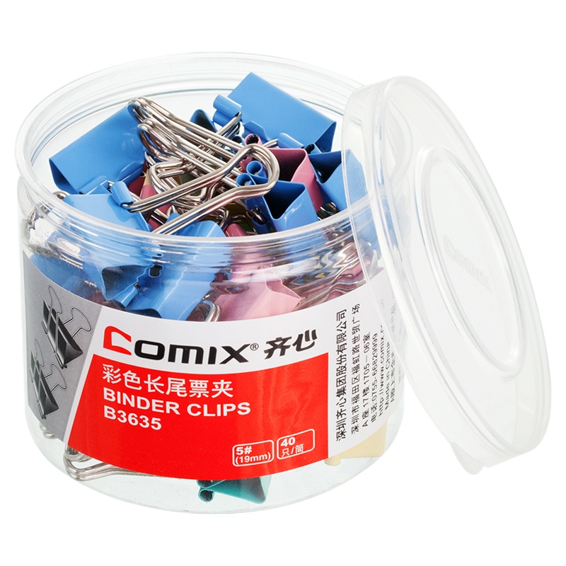 齐心(COMIX) B3635 19mm5# 40只/筒 彩色长尾夹票夹金属票据夹燕尾夹