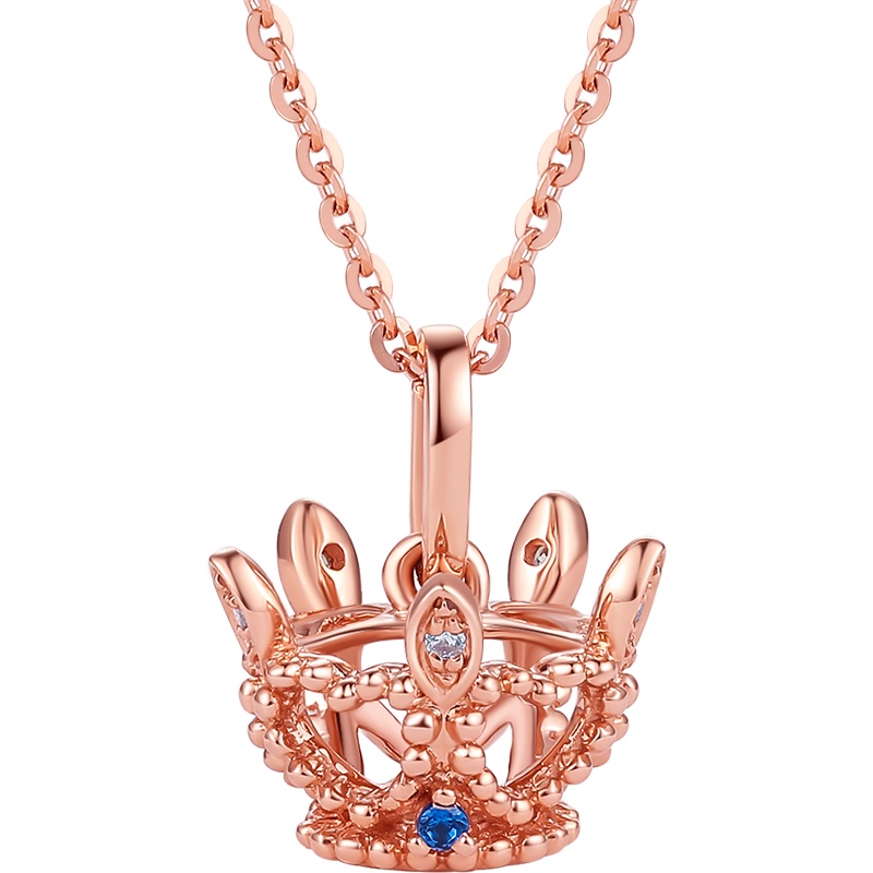 周大生钻石吊坠18k玫瑰金钻石皇冠蓝宝石挂坠新款送女友