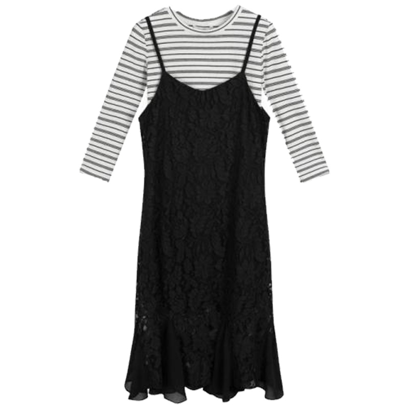 【热卖】女式秋装新款韩版时髦蕾丝吊带连衣裙条纹T恤两件套套装60300256