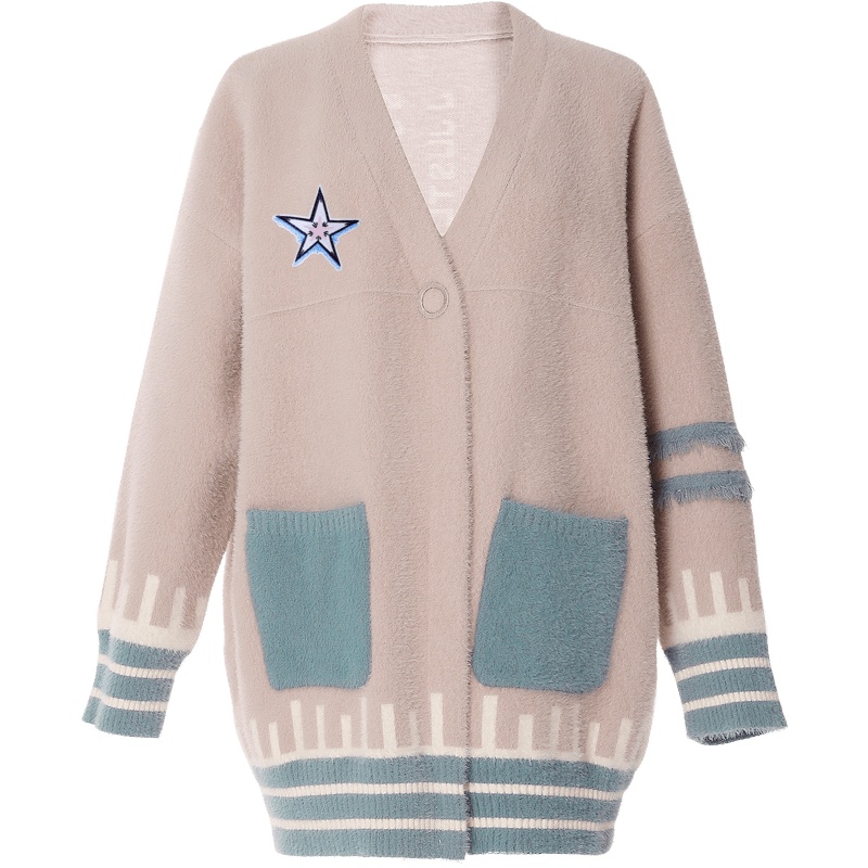 欧昵雪秋装V领绣花字母仿貂毛针织衫外套女毛衣开衫上衣