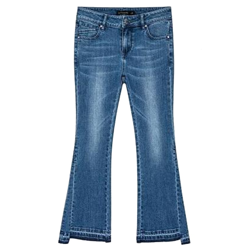拉夏贝尔春季新款韩版时尚休闲高腰直筒显瘦微喇叭脚牛仔裤女10018108