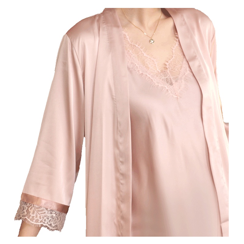 ENJOY’ME淡雅精致缎面拼接蕾丝修身睡袍两件套20春季新款