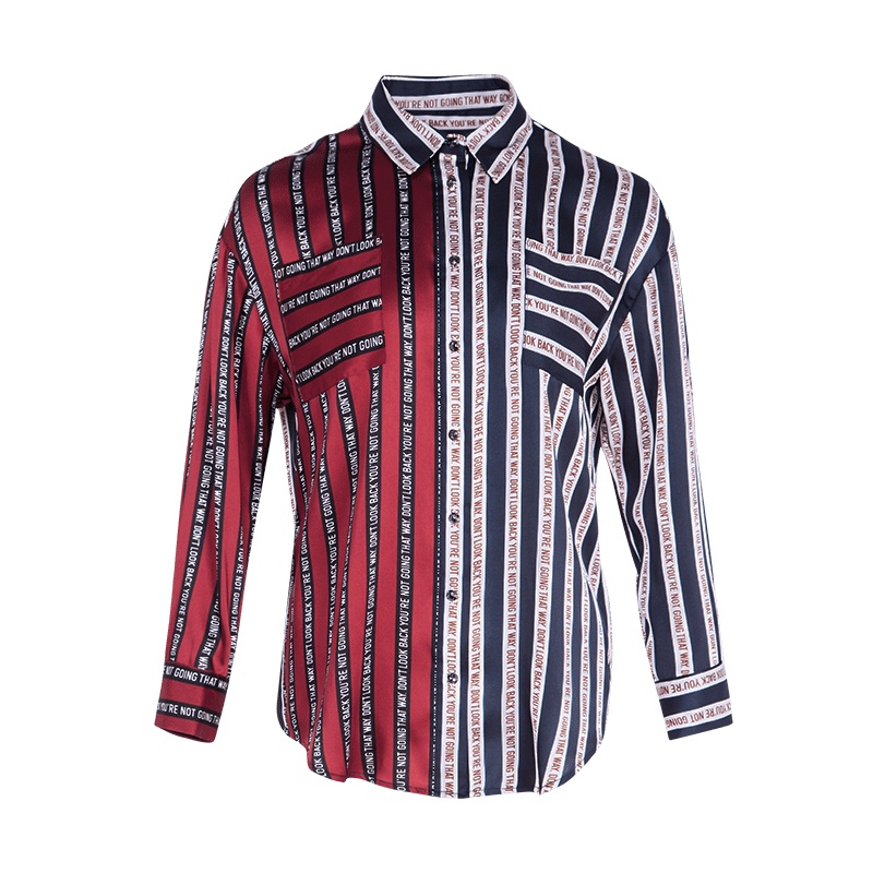 晩白 新品时尚百搭条纹字母印花常规款POLO领长袖衬衫上衣女