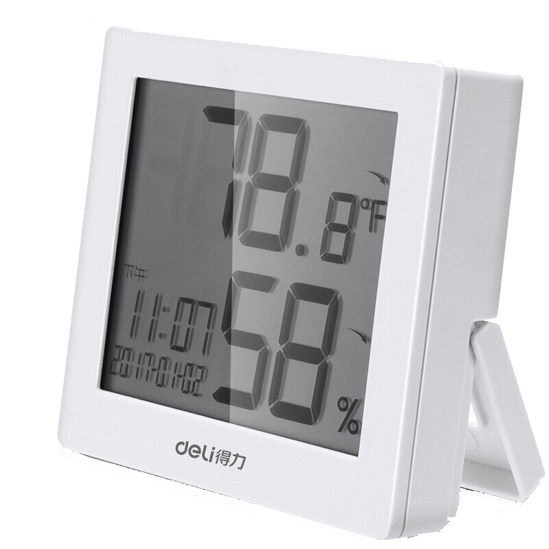 得力(deli)LCD带时间闹钟电子温湿度计 婴儿内温湿度表 白色