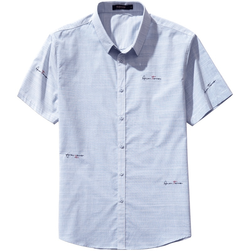 千纸鹤青年男士夏新款休闲短袖衬衫 浅蓝色棉质简约绣花衬衣10082