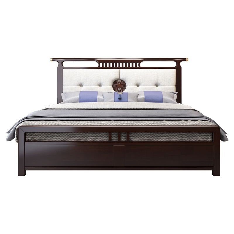 月影梳桐新中式实木床1.8米现代简约主卧双人床带软靠中国风高箱储物床