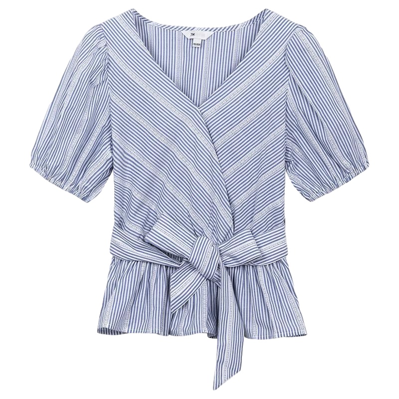 N拉夏贝尔衬衫女夏季新款韩版休闲系带蝴蝶结V领复古港味衬衣上衣_280 S 条纹混色