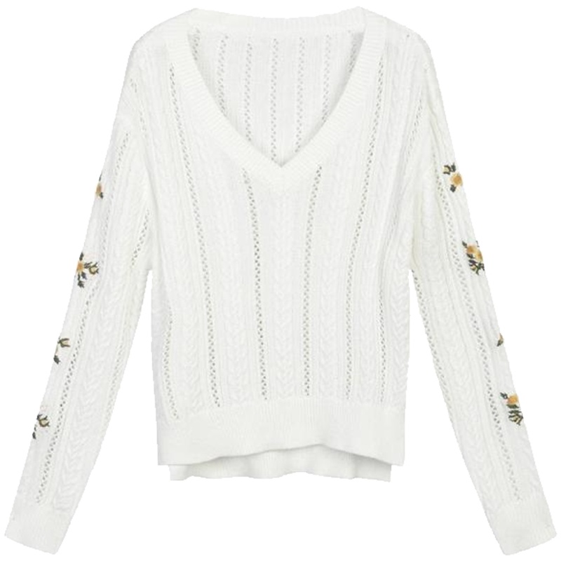 【热卖】拉夏贝尔绣花上衣打底衫2019春季新款冬v领漏锁骨针织衫镂空女士10015625