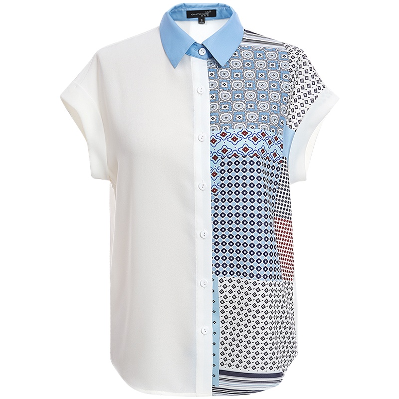 欧昵雪夏装设计感翻领撞色波普风印花衬衫女显瘦短袖上衣