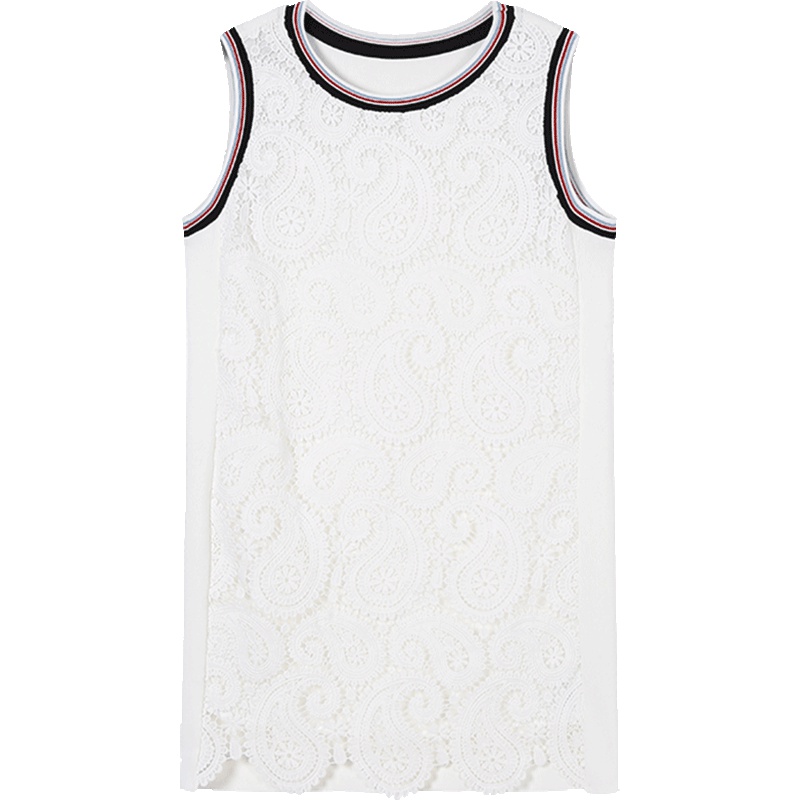 马克华菲女装2019夏季新款圆领无袖烫花拼接纯白连衣裙