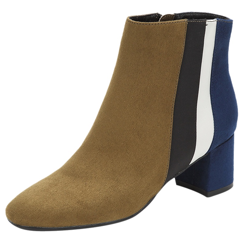 达芙妮冬新款方头粗跟绒面拼接撞色短靴中跟女靴
