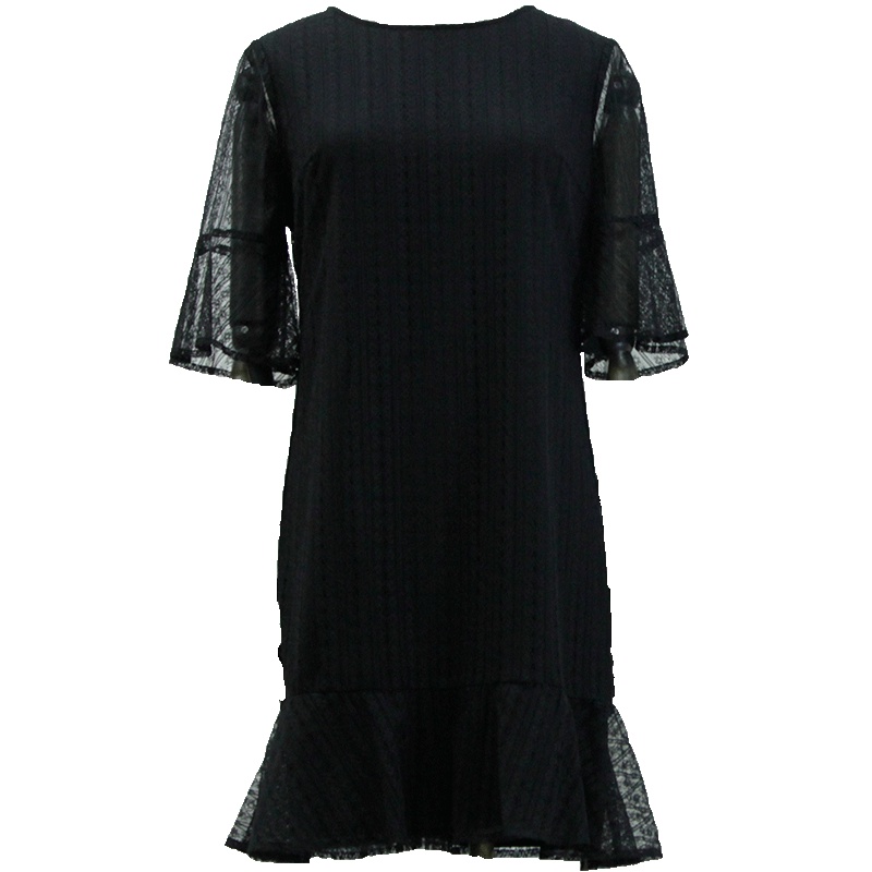 LIEDOW/蕾朵2019流行裙子夏新款超仙蕾丝网纱连衣裙黑色中长裙女