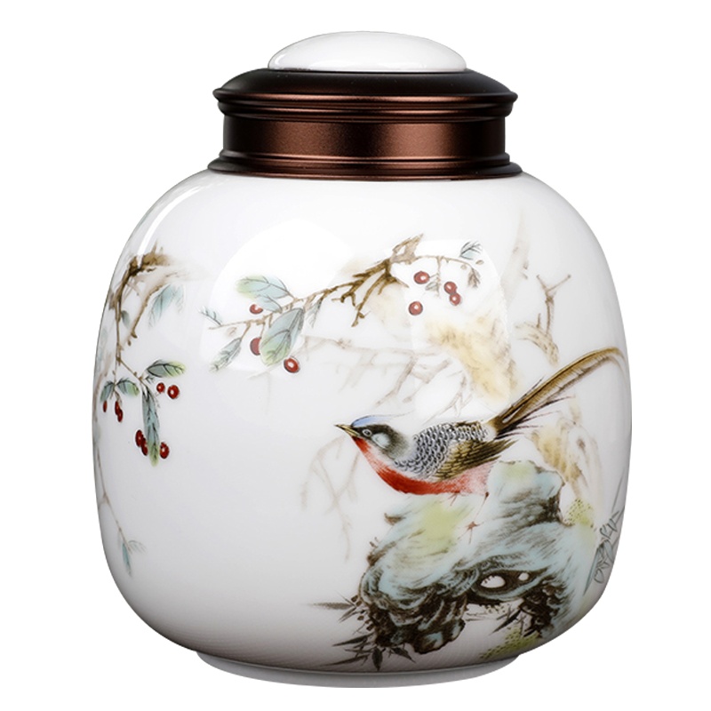 LICHEN 景德镇茶叶罐陶瓷密封储物干坚果罐子中草药防潮防虫带盖罐约半斤装双层金属盖子 报喜鸟