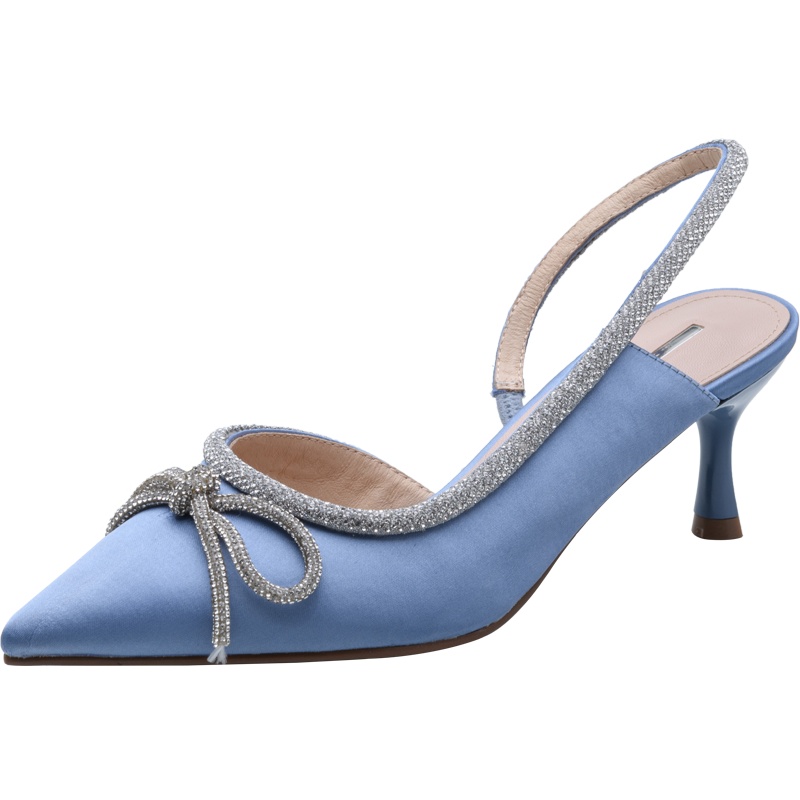 百田森2021春夏季新款高跟半包头凉鞋女钻链蝴蝶结通勤猫跟女单鞋