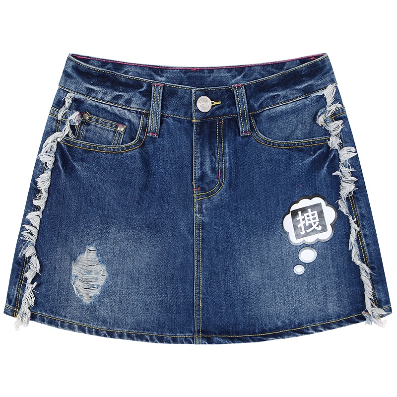 马克华菲女装2019秋新假一片式裙摆廓形拼接裙裤牛仔短裤