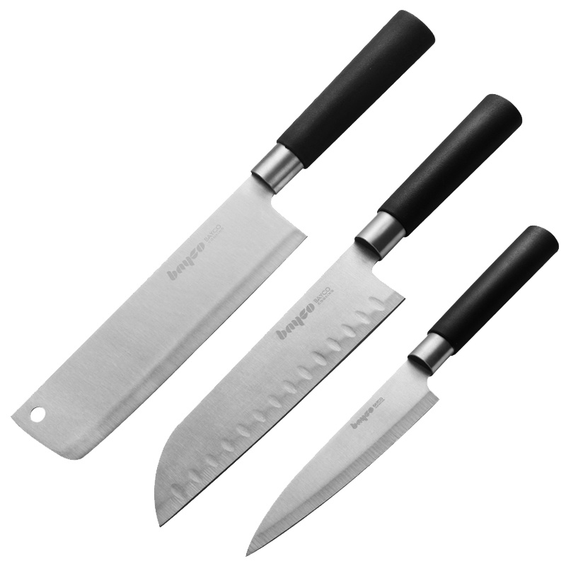拜格BAYCO 黑色仿胶柄刀具三件套不锈钢刀具套装小菜刀料理刀水果刀三件套