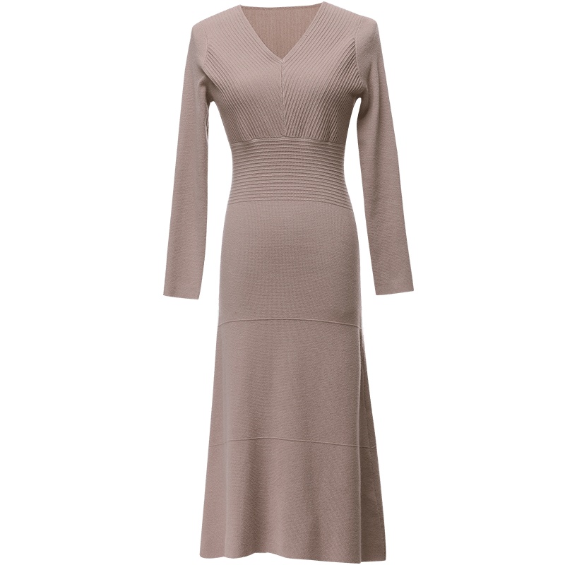欧昵雪秋冬优雅V领高腰修身显瘦中长款针织毛衣连衣裙女