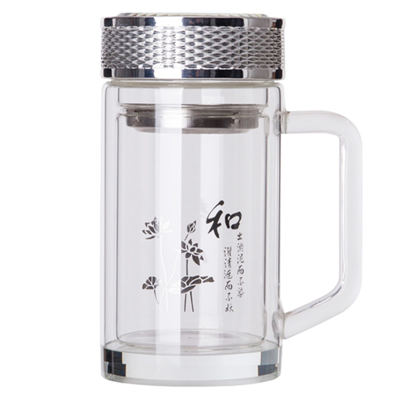 爱自由双层办公玻璃杯带把家用商务男士泡茶水杯隔热透明杯子