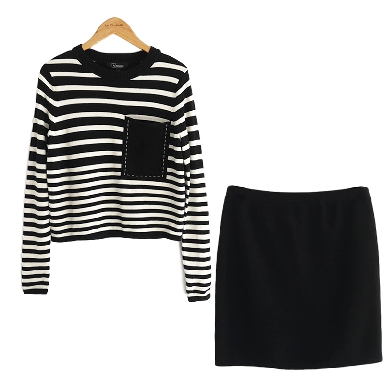 【福利款】拉夏贝尔7M套装女秋冬新款简约休闲条纹短款针织上衣包臀裙短裙女