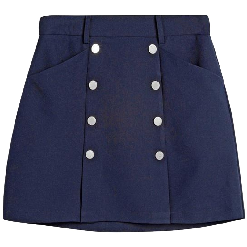拉夏贝尔新款双排扣高腰纯色半身短裙显瘦百搭a字半身裙_173 S建议(80斤--105斤) 藏青