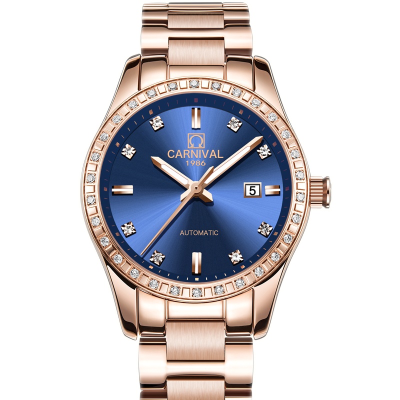 正品嘉年华Carnival手表新款女士全自动机械表 女表时尚潮流镶钻防水新款玫瑰金腕表LS-8685玫金