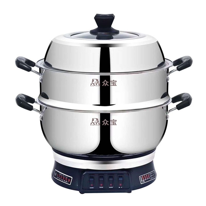 众宝多功能电热锅304不锈钢一体家用插电大容量煎蒸煮电饭锅炒锅32CM无笼