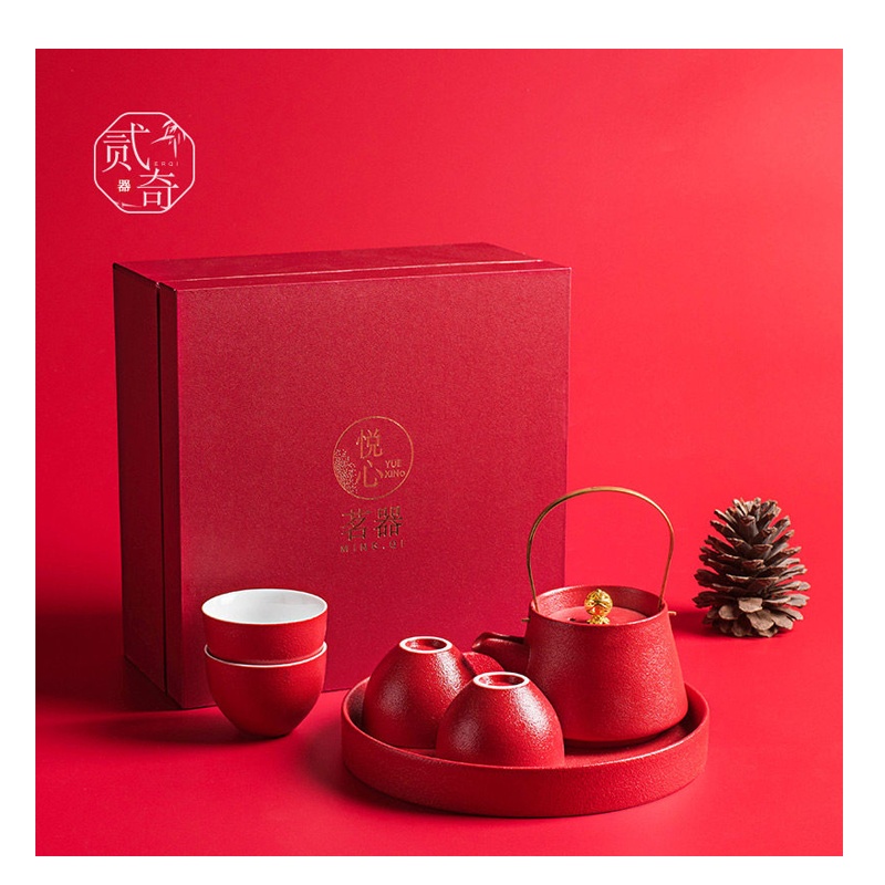 贰奇悦心红色陶瓷功夫茶具礼盒装提梁壶茶杯6件套