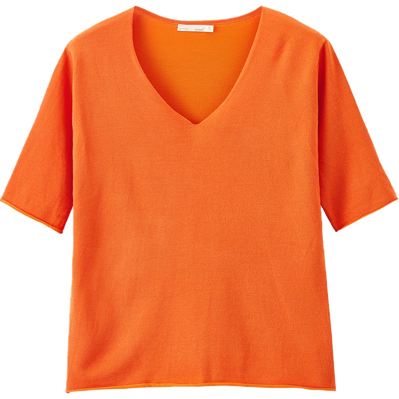 茵曼2019秋装新款纯色V领短袖通勤优雅打底针织衫百搭简约上衣女