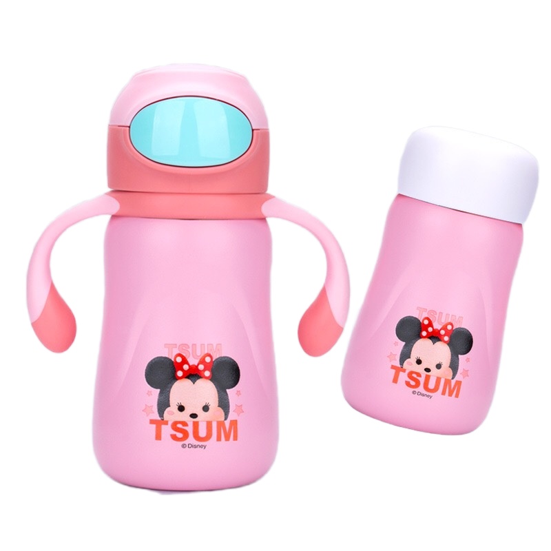 迪士尼可爱女宝宝儿童保温杯316不锈钢婴儿带手柄保温奶瓶便携学生吸管水杯子-粉色米妮大按钮真空防喷学饮杯套装