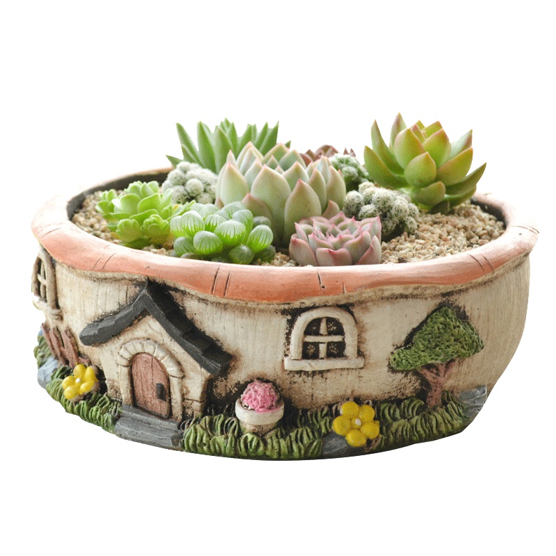 津沽园艺 多肉植物陶瓷花盆 田园风立体浮雕图案 宜家中国风 圆形多肉花器 小号