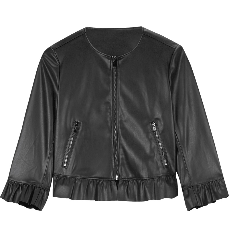 爱居兔春装2019女装外套荷叶边短款PU皮短款茄克