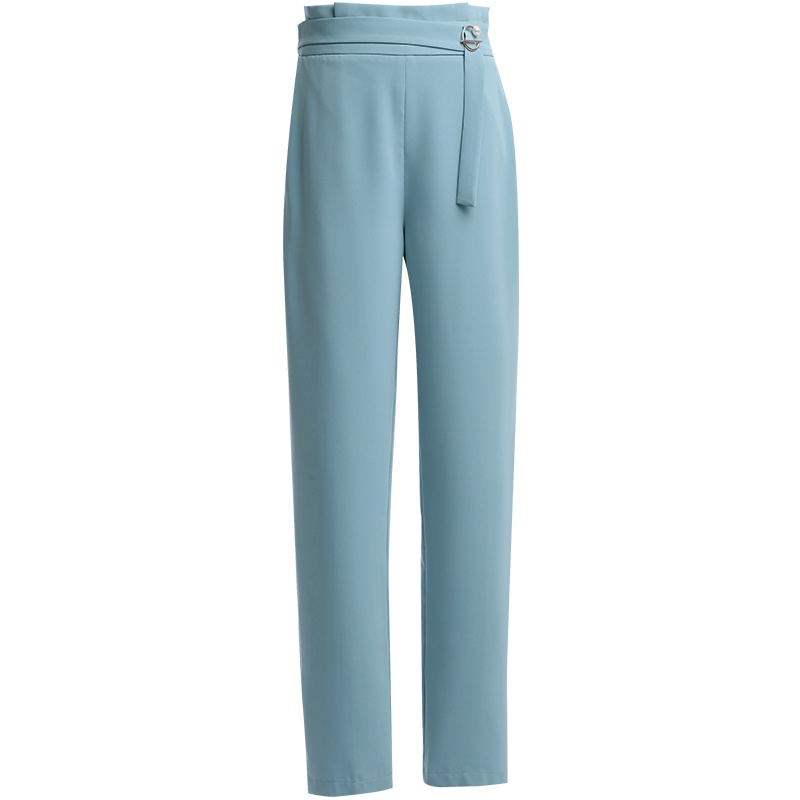 欧昵雪夏季通勤显瘦系带高腰开叉哈伦裤女休闲小脚长裤子