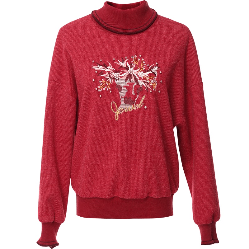 欧昵雪秋冬季新休闲高领套头宽松显瘦钉珠绣花卫衣女长袖上衣