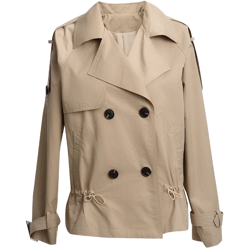 OUNIXUE欧昵雪 | [宽松短款风衣]春秋装拼接袖袢翻领双排扣抽绳收腰长袖外套女