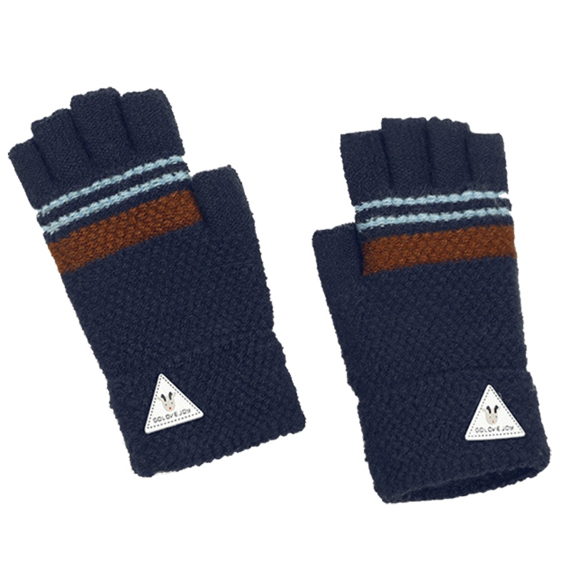 儿童半指手套秋冬防风防冻加长碗口露指写字简约条纹针织保暖手套