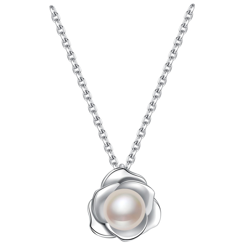 佰色传情brir时尚玫瑰花语S925银镶淡水珍珠吊坠银项链