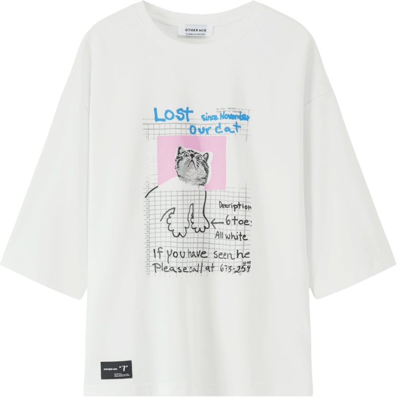 OtherMix动物涂鸦t恤女2021年秋新款chic薄款宽松七分袖潮妹上衣