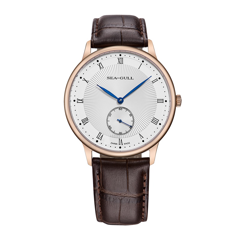 海鸥表(SEAGULL)情侣手表机械表时尚烤蓝小三针手动机械腕表519.11.6009对表 白盘棕带
