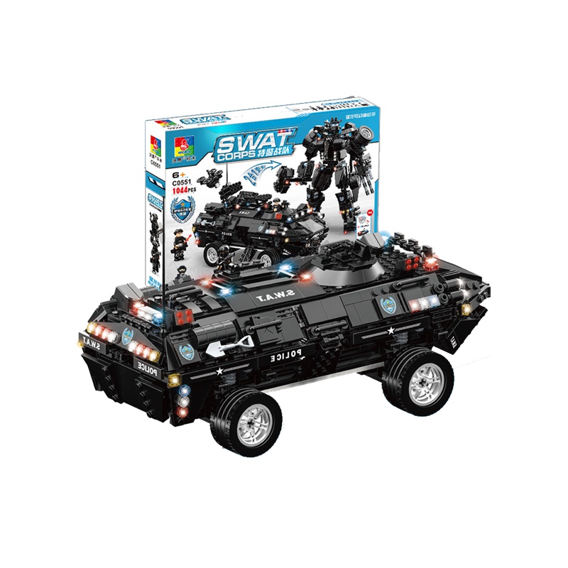 沃马新款儿童玩具特警系列积木变型金刚猛龙号两栖装甲车C0551