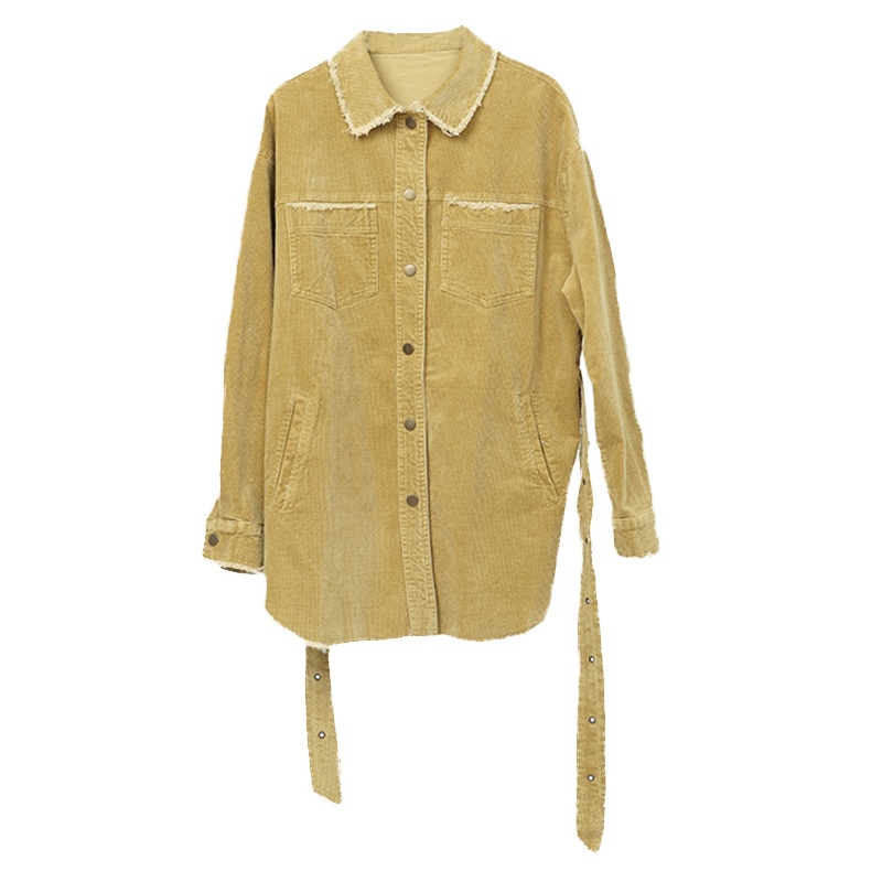 ENJOY'ME女装2019冬季新品不规则下摆金属排扣束腰带毛边衬衫