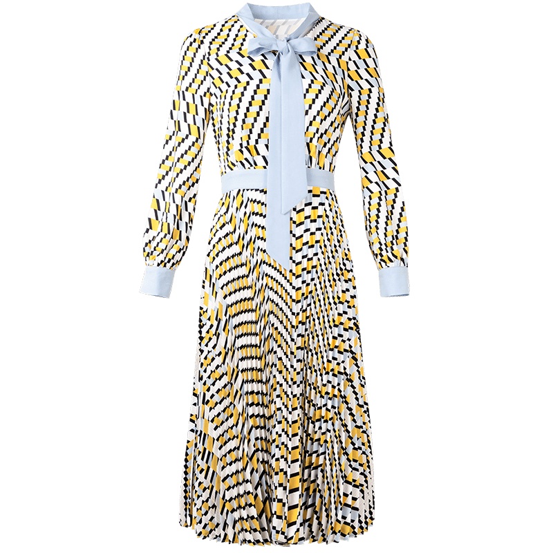 晚白2021春季新品修身显瘦条纹系带领高腰长袖衬衫裙雪纺连衣裙女