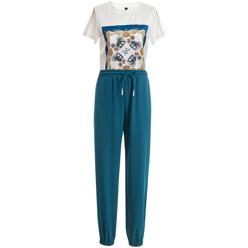 欧昵雪时尚套装女夏圆领短袖仿真丝印花拼接T恤运动裤两件套