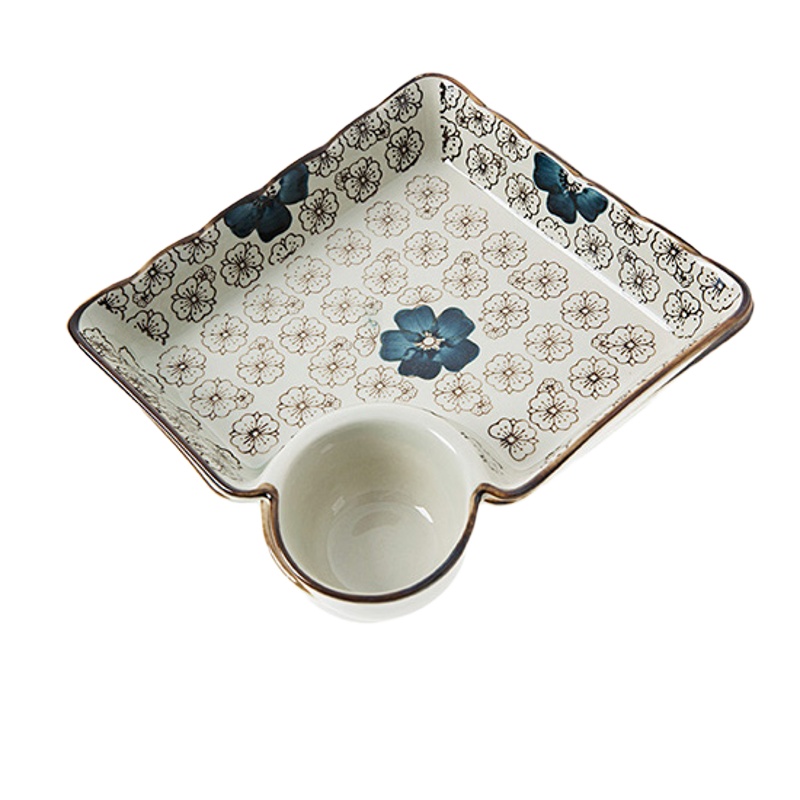 大号饺子盘带醋碟陶瓷分格碟日式餐具家用方形水饺盘子托盘 国泰家和 蓝色花