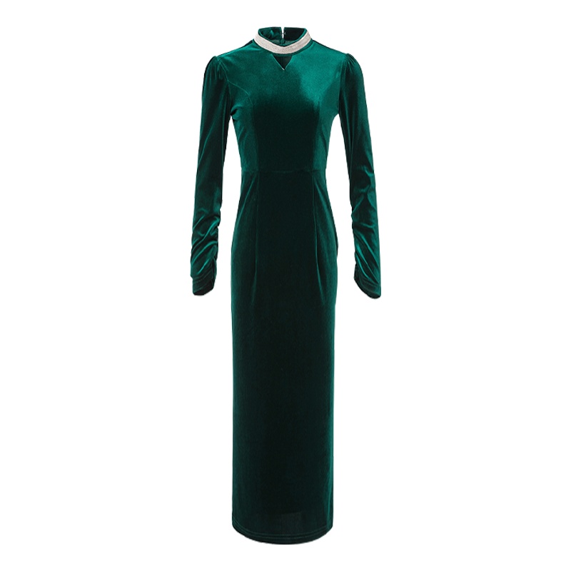 晚白2020春季新品修身显瘦纯色立领长袖晚宴丝绒裙包臀连衣裙女