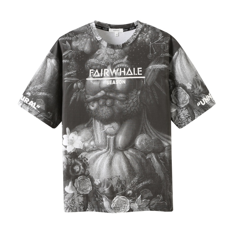 商场同款马克华菲短袖T恤男装2019夏新款满版印花全棉宽松上装