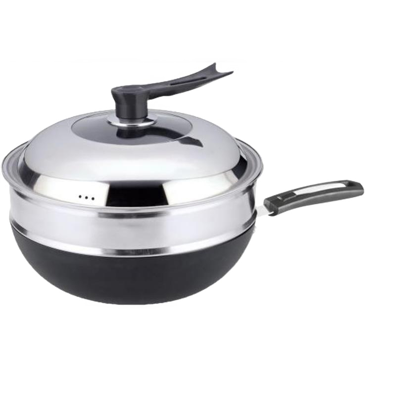 巴尔德 BC-002 乐享多功能炒锅 无珍珠纹印花纹理 方钢柄手柄 炒锅蒸屉32CM 单个价