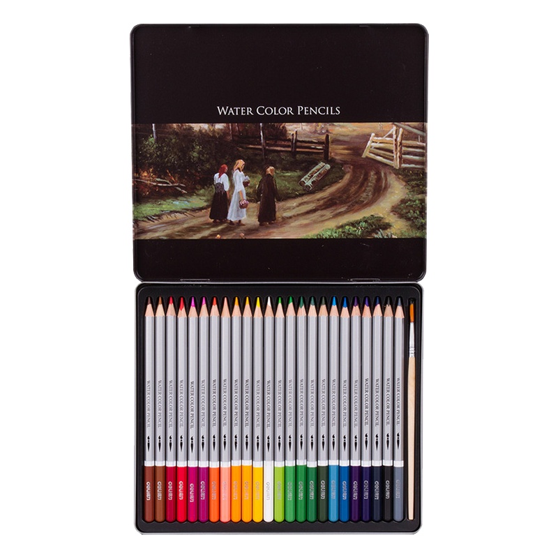 得力(deli)6521水溶性彩色铅笔24色铁盒装 秘密花园填色笔 涂鸦绘画彩铅 彩画笔 涂色笔 学生文具 笔类