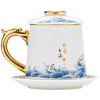領藝 国潮风茶杯茶水分离带过滤带盖陶瓷办公水杯功夫泡茶杯羊脂玉德化白瓷素烧送礼 蛟龙出海办公杯素烧礼盒装