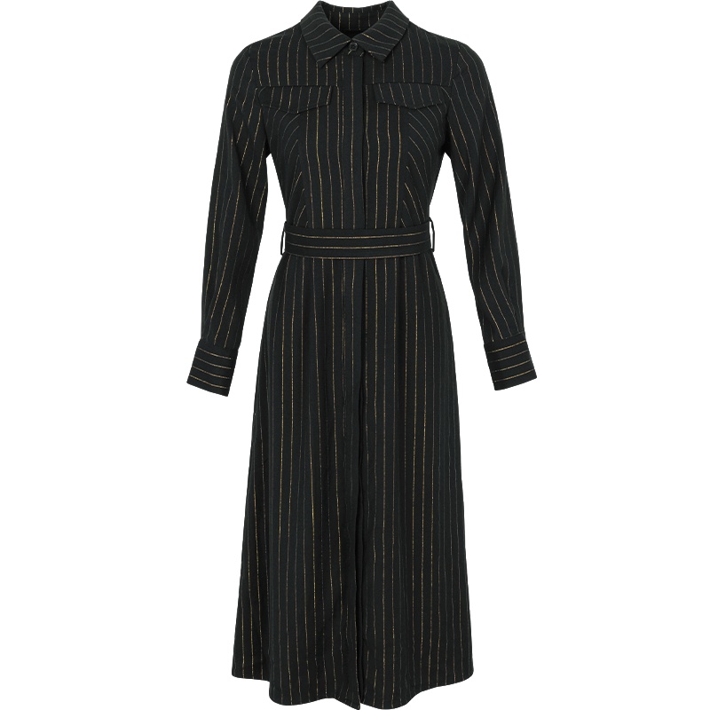 晚白2021春季新品通勤显瘦竖条纹修身高腰衬衫裙时尚职业连衣裙女