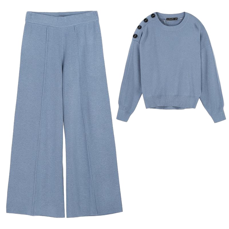 拉夏贝尔针织衫上衣阔腿裤女士时尚两件套冬季宽松圆领休闲套装